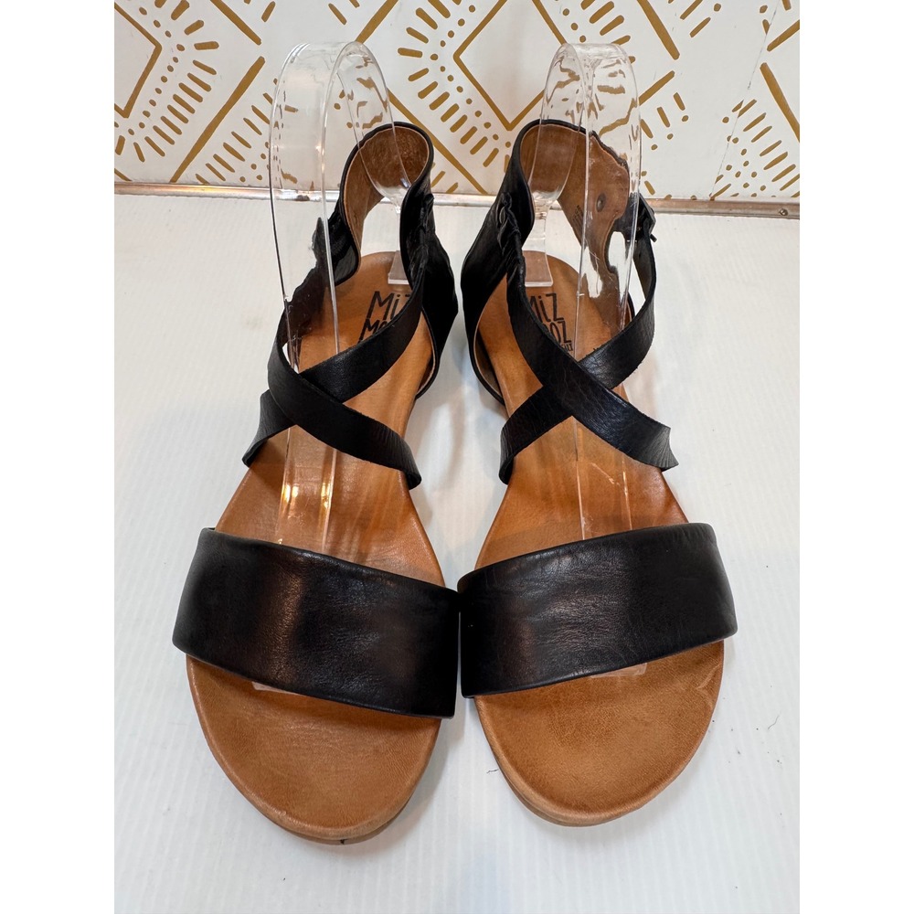 Miz Mooz Aster Sandals Women 8 Black Leather Flat Strappy Ankle Buckle Comfort - Picture 3 of 12
